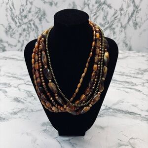 Vintage Tiger eye Bohemian Multi-Strand Beaded Necklace in Brown and Gold